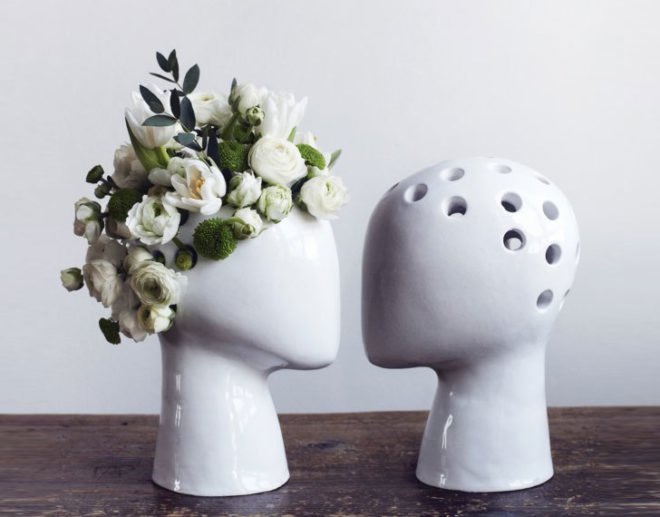 wig, tania da cruz, head shaped planters, chia pet, ceramic vase, floral art, green design, eco design, sustainable design