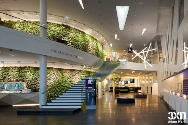eco interior wall,eco hotel, leaning building,natural finish materials, danish green design, 3xn interior, LED chandelier,green interior wall, living wall, hotel living wall, green interior hotel design, Bella sky interior