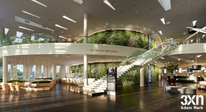 eco interior wall,eco hotel, leaning building,natural finish materials, danish green design, 3xn interior, LED chandelier,green interior wall, living wall, hotel living wall, green interior hotel design, Bella sky interior