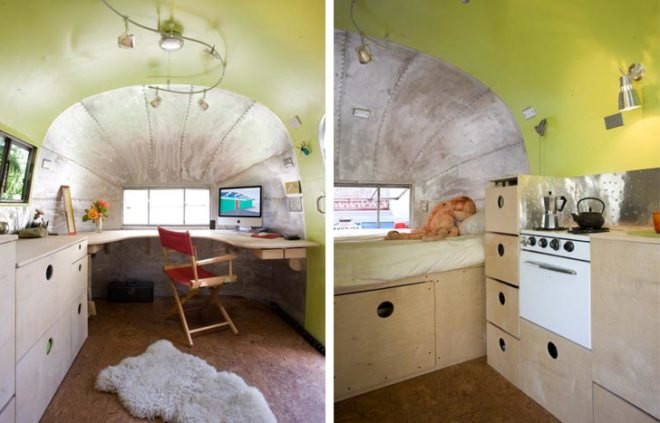 Recycled Materials,Green Transportation,Green renovation,Green Materials,green Interiors,automotive,Prefab Housing,airstream trailer,cork floor,natural light,mobile studio,green studio space,small spaces storage,