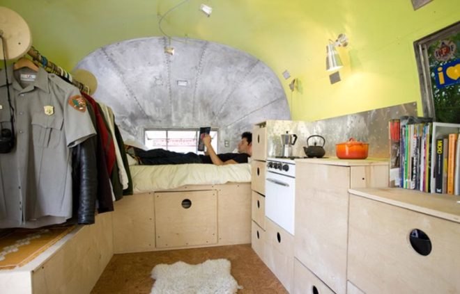 Recycled Materials,Green Transportation,Green renovation,Green Materials,green Interiors,automotive,Prefab Housing,airstream trailer,cork floor,natural light,mobile studio,green studio space,small spaces storage,