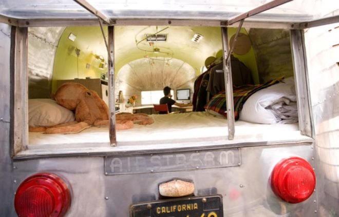 Recycled Materials,Green Transportation,Green renovation,Green Materials,green Interiors,automotive,Prefab Housing,airstream trailer,cork floor,natural light,mobile studio,green studio space,small spaces storage,