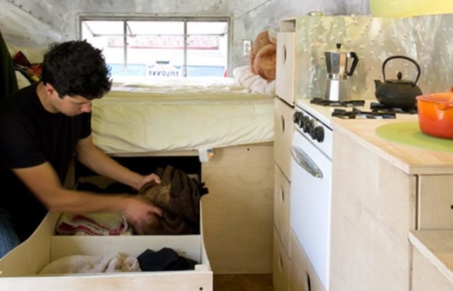 Recycled Materials,Green Transportation,Green renovation,Green Materials,green Interiors,automotive,Prefab Housing,airstream trailer,cork floor,natural light,mobile studio,green studio space,small spaces storage,