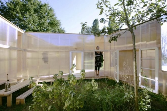 archive, pavilion for an artist, dhl architecture, shiny exterior, compact space, temporary pavilion