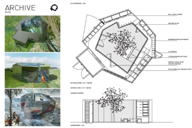 archive, pavilion for an artist, dhl architecture, shiny exterior, compact space, temporary pavilion