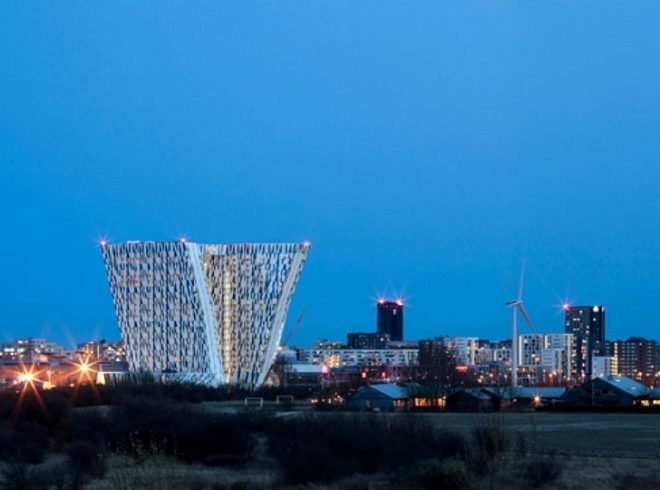 Bella Sky Hotel, 3xn, denmark, copenhagen, leaning towers, high performance facade