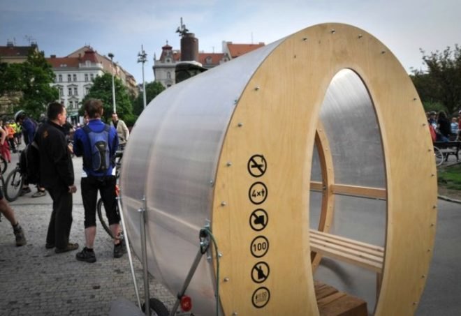 Bicycle Sauna Kolonok, H3T Architects, mobile bike sauna, prague, biking, sauna,