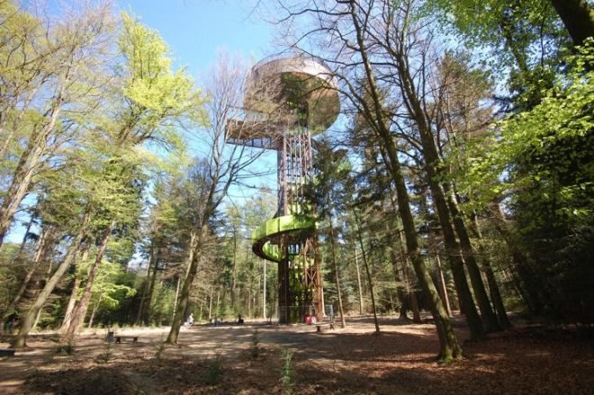 bird house walls, dutch lookout tower, eco observation tower, English stairs, forest lookout tower, net floor, Netherlands lookout tower, playful tower design, Schovenhorst Country Estate, SeARCH Architects, wooded overlook tower