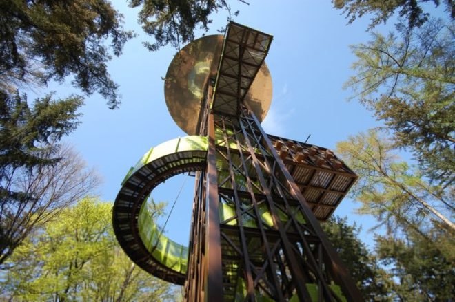bird house walls, dutch lookout tower, eco observation tower, English stairs, forest lookout tower, net floor, Netherlands lookout tower, playful tower design, Schovenhorst Country Estate, SeARCH Architects, wooded overlook tower