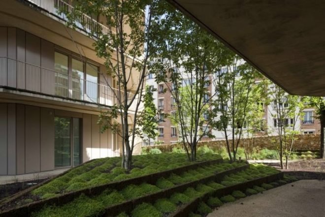 Jakob + Macfarlane, Urban green design, setback design, apartment green house, Jakob + Macfarlane, Paris green building, eco apartment, green apartment, solar thermal facade, solar drape, Paris green space, solar thermal water apartment,