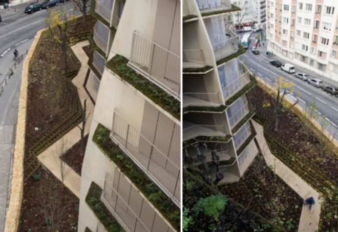 Jakob + Macfarlane, Urban green design, setback design, apartment green house, Jakob + Macfarlane, Paris green building, eco apartment, green apartment, solar thermal facade, solar drape, Paris green space, solar thermal water apartment,