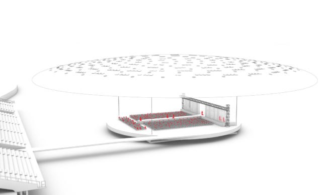 inflatable, miami marine stadium, pinkcloud.dk, floating stage, solar panels, miami