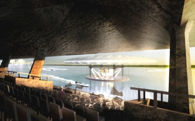 inflatable, miami marine stadium, pinkcloud.dk, floating stage, solar panels, miami