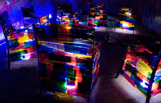 green design, eco design, sustainable design, art, light installation, abandoned home, recycled materials, repurposed materials, Elogio de la Sombra, Luisa Alvarex, photographic materials, repurposed negatives