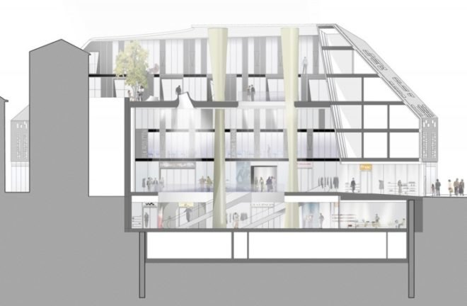 Markthäuser, Rebstockplatz, green atrium design, Urban renewal, terracotta facade, strip building facade, day lit central atrum, Mainz green building, Studio Fuksas, eco mixed use, German urban green design,