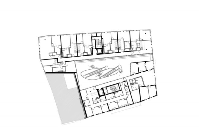 Markthäuser, Rebstockplatz, green atrium design, Urban renewal, terracotta facade, strip building facade, day lit central atrum, Mainz green building, Studio Fuksas, eco mixed use, German urban green design,