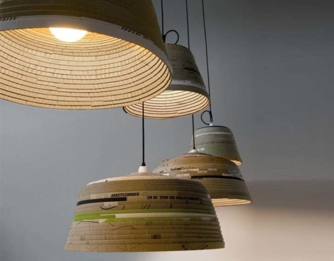 repurposed card, discarded card, cardboard lamps, recycled lamps, michael wolke designs, grand sculptural lamps, pendant lamps, contemporist