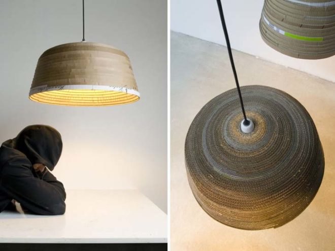 repurposed card, discarded card, cardboard lamps, recycled lamps, michael wolke designs, grand sculptural lamps, pendant lamps, contemporist