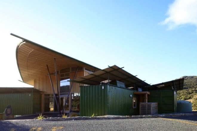 Orokonui Ecosanctuary Visiter Centre, Architectural Ecology, new zealand, nature preserve, shipping containers, local materials, visitor centre