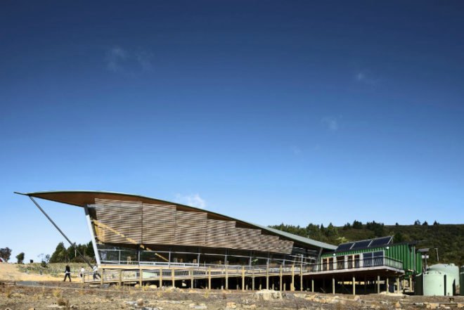 Orokonui Ecosanctuary Visiter Centre, Architectural Ecology, new zealand, nature preserve, shipping containers, local materials, visitor centre
