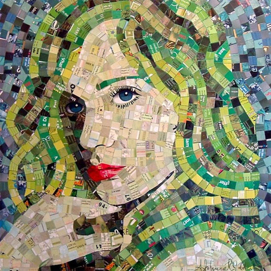 junk mail portraits, Sandhi Schimmel Gold, Mosaic portraits, recycled mosaic portraits, iconic portraits, recycled art, collage portraits, recycled collage
