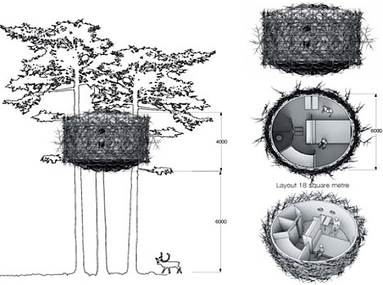 green design, eco-design, sustainable design, tree houses, birds nest, tree hotel, sweden, landscape, inrednin gsgruppen, wooden panels