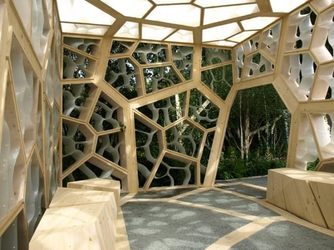 eco pavilion, green pavilion,Chelsea Flower Show pavilion,Times Eureka Magazine, NEX Architecture, Marcus Barnett Landscape Architects,cellular architecture, biomimicry architecture, plant architecture, botanical garden pavilion, leaf architecture