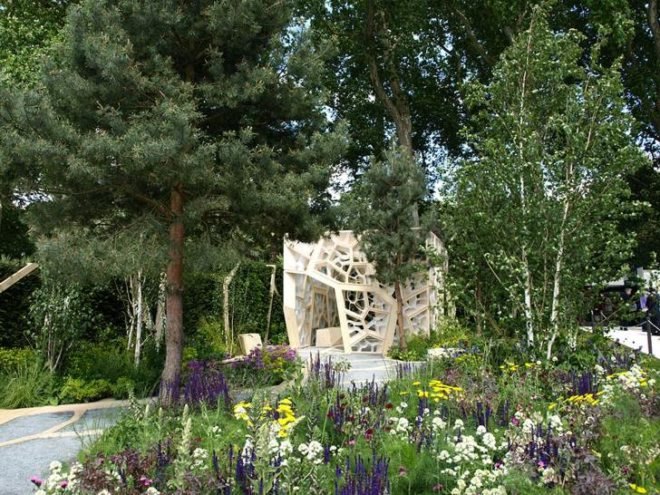 eco pavilion, green pavilion,Chelsea Flower Show pavilion,Times Eureka Magazine, NEX Architecture, Marcus Barnett Landscape Architects,cellular architecture, biomimicry architecture, plant architecture, botanical garden pavilion, leaf architecture