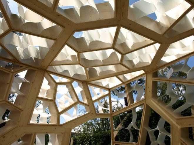 eco pavilion, green pavilion,Chelsea Flower Show pavilion,Times Eureka Magazine, NEX Architecture, Marcus Barnett Landscape Architects,cellular architecture, biomimicry architecture, plant architecture, botanical garden pavilion, leaf architecture