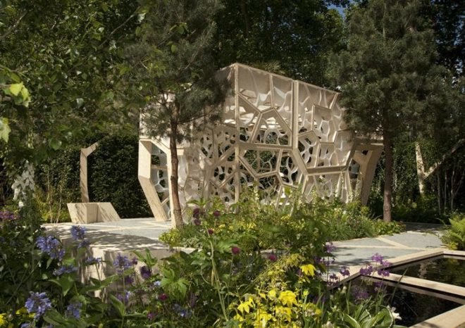 eco pavilion, green pavilion,Chelsea Flower Show pavilion,Times Eureka Magazine, NEX Architecture, Marcus Barnett Landscape Architects,cellular architecture, biomimicry architecture, plant architecture, botanical garden pavilion, leaf architecture
