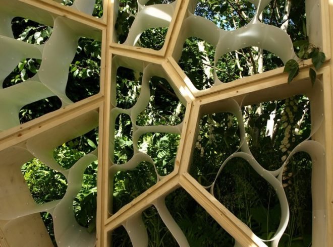 eco pavilion, green pavilion,Chelsea Flower Show pavilion,Times Eureka Magazine, NEX Architecture, Marcus Barnett Landscape Architects,cellular architecture, biomimicry architecture, plant architecture, botanical garden pavilion, leaf architecture