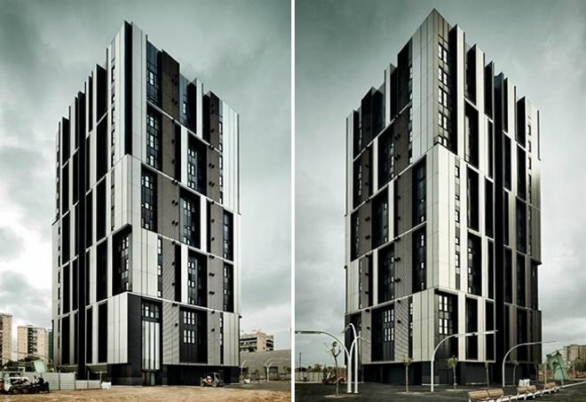 Torre Plaça Europa, R+B Arqts, social housing, barcelona, brise-soleil, recycled materials,