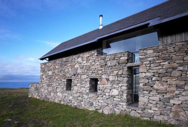 ruined stone house, local materials, site found building materials,WT Architecture, dry stone wall, passive heating and cooling, Scotland green building, Scotland renovation, Scotland 17th century preservation, dry stone wall, extreme house addition, Scottish green building,