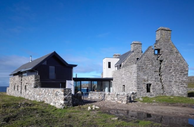 ruined stone house, local materials, site found building materials,WT Architecture, dry stone wall, passive heating and cooling, Scotland green building, Scotland renovation, Scotland 17th century preservation, dry stone wall, extreme house addition, Scottish green building,