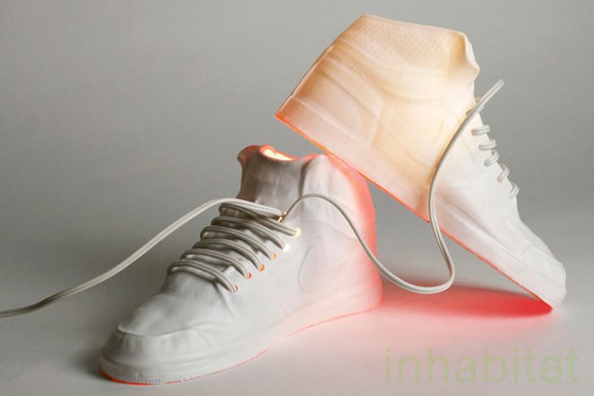 sneaker lamp, sneaks lamp, sneaker shaped lamp, sneak lamp, Pratt student show, pratt design student, pratt id student, ICFF, Frances Ranno, Sneaks, Sneaker lamp, CFL, Energy efficient lighting, green design, eco design, sustainable design, green lighting, green furniture”,contemporary furniture, eco-friendly design, Furniture Fair, green design, icff 2011, icff 2011 nyc, icff new york city, inhabitat icff, inhabitat icff reporting, International Contemporary Furniture Fair, new york city furniture fair, nyc furniture fair