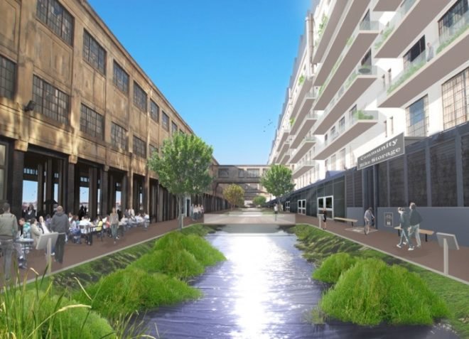 green design, sustainable design, map-lab, boston, 2035, international living future institute, living city design competition, innovation district, brownfield, greyfield, underground cistern, canals, living walls, photovoltaics, biogas, pedestrian friendly