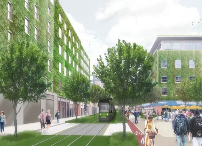 green design, sustainable design, map-lab, boston, 2035, international living future institute, living city design competition, innovation district, brownfield, greyfield, underground cistern, canals, living walls, photovoltaics, biogas, pedestrian friendly