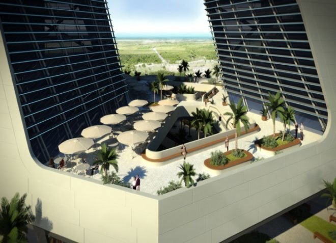 ventilated facade, green design, urban garden, mixed use development, green balcony, indirect light, passive design, solar gain, green building, green design, eco-design, sustainable design, sustainable architecture, Caribbean Sea, Sanzpont Arquitectura, GSI Tower, Cancun