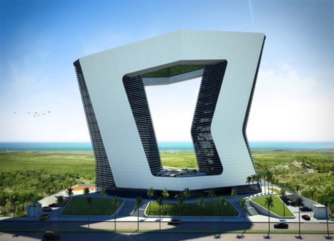 ventilated facade, green design, urban garden, mixed use development, green balcony, indirect light, passive design, solar gain, green building, green design, eco-design, sustainable design, sustainable architecture, Caribbean Sea, Sanzpont Arquitectura, GSI Tower, Cancun