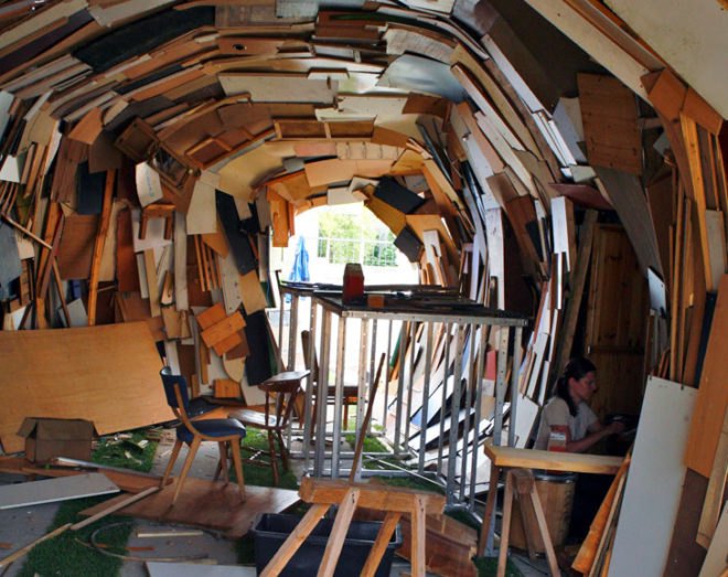 repurposed building material, eco art, green art, discarded materials shelter,art made from waste, discarded materials, eco pavilion, Georg-Büchner-Platz, Raumlaborbelin, materials reuse, German green art, Junk pavilion, discarded art materials,