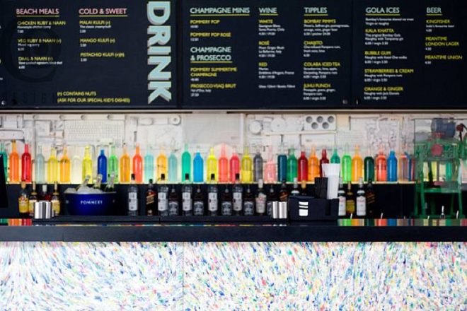 chowpatty beach bar, dishoom, london, southbank, pop up bar, recycled materials, upcycled materials
