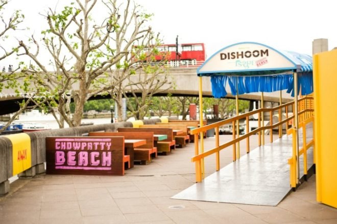 chowpatty beach bar, dishoom, london, southbank, pop up bar, recycled materials, upcycled materials