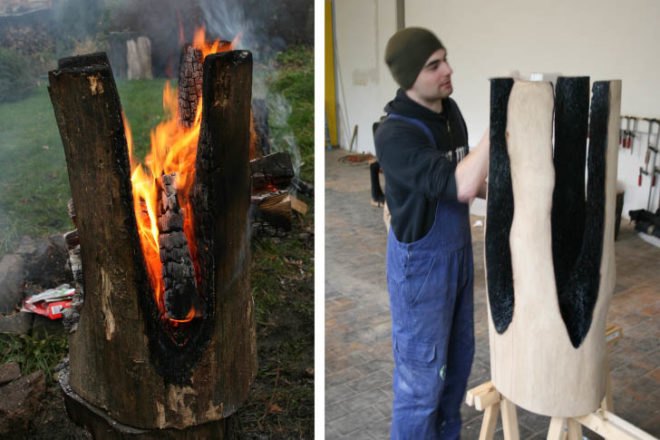 Recycling / Compost,Milan Furniture Fair,Green Resources,Green Products,green furniture,Botanical,Art,fire sculpting, burnt furniture,biodegradable furniture, compostable furniture, belgium design, rough and ready