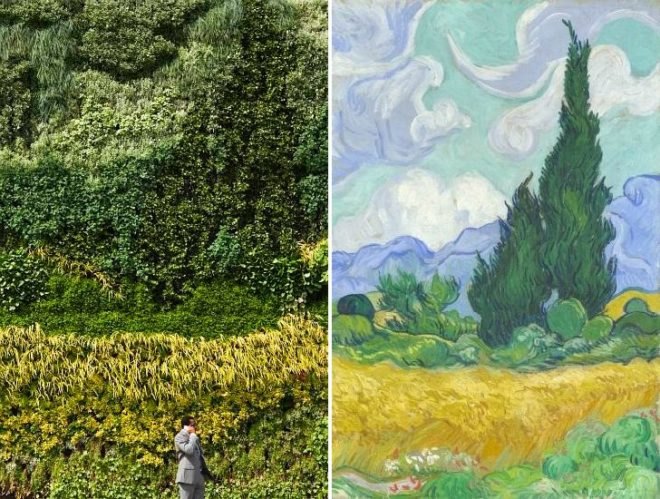 Living wall, van gogh, a wheatfield with cypresses, vertical garden, the national gallery, ans living wall system, london