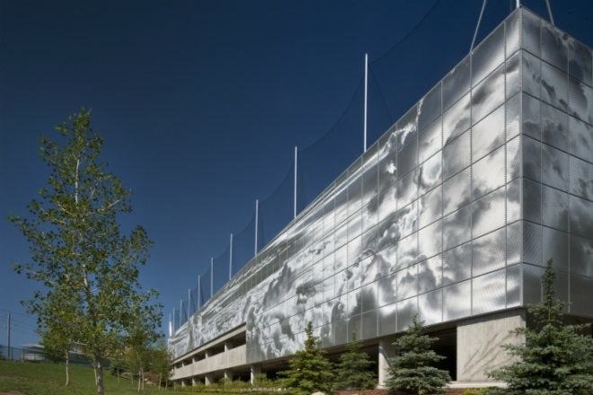 SAIT Parkade, Bing Thom Architects, green roof, parking garage, metal shade screen, roderick quin