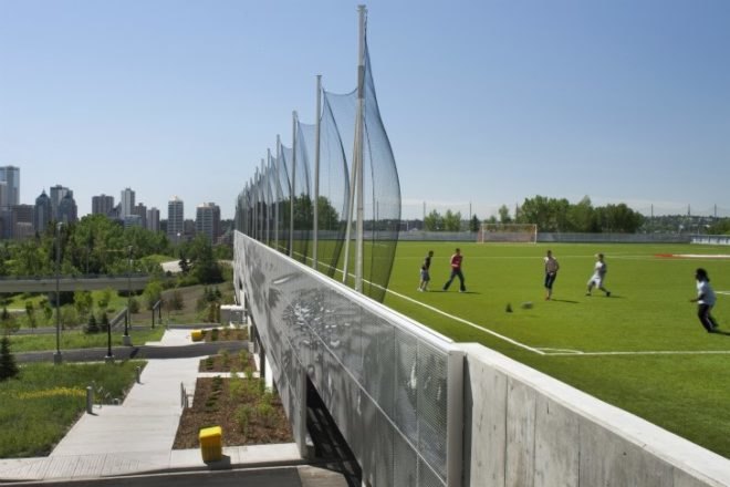 SAIT Parkade, Bing Thom Architects, green roof, parking garage, metal shade screen, roderick quin