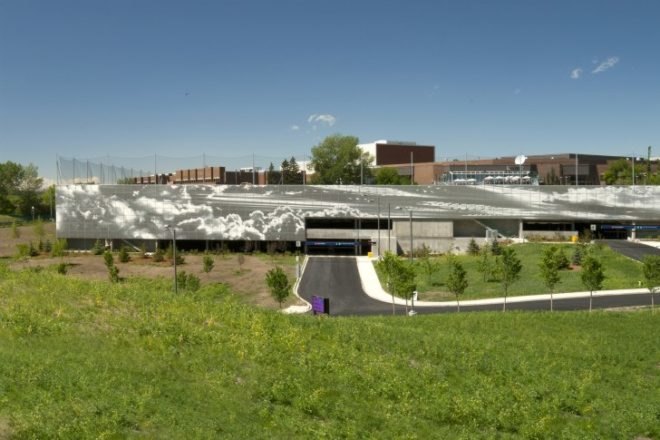 SAIT Parkade, Bing Thom Architects, green roof, parking garage, metal shade screen, roderick quin