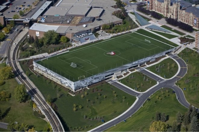 SAIT Parkade, Bing Thom Architects, green roof, parking garage, metal shade screen, roderick quin