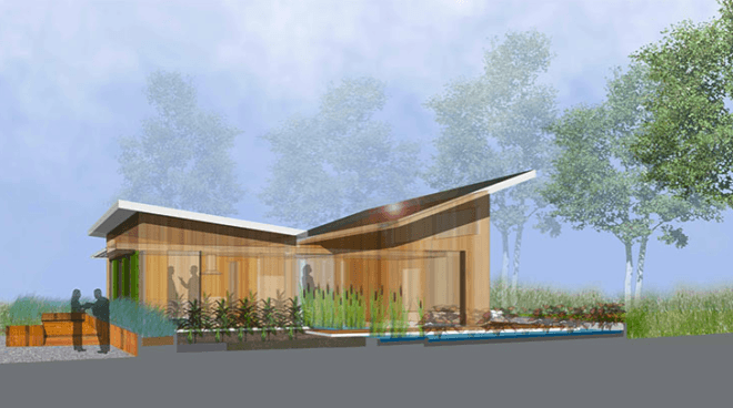 Chesapeake Bay Ecosystem, Butterfly Roof, Solar Decathlon 2011, University of Maryland, WaterShed, green roof, green wall, compost, daylighting, PV solar panels, natural ventilation, rainwater capture, indigenous flora,
