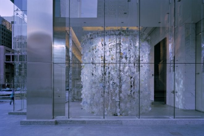 Waterfall Horseshoe, Katherine Harvey, plastic, garbage, eco art, green art, recycled materials,